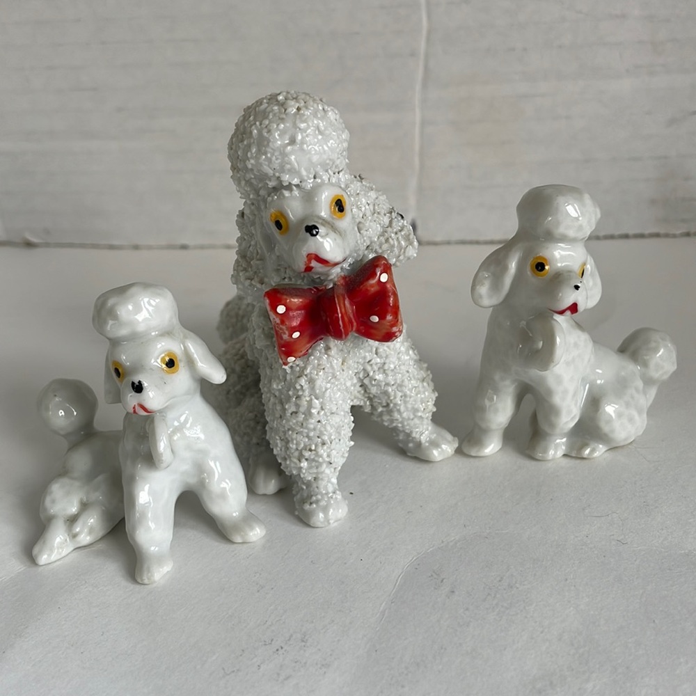 Vintage Poodle Dog Figurine Set Kitschy MCM White